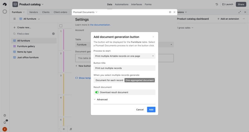 Airtable button settings for generating one aggregated document from multiple records
