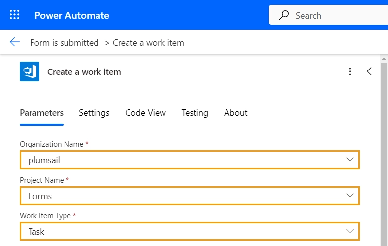 Configure basic fields of the Azure DevOps work item being created