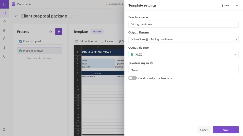 Pricing breakdown template settings