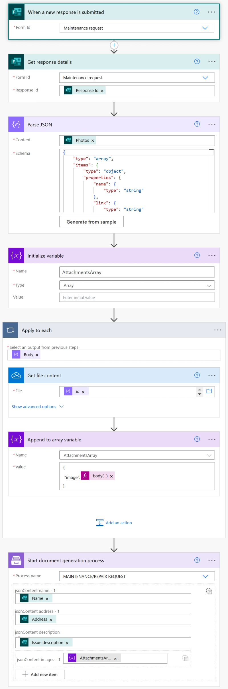 populate images into excel from ms form flow