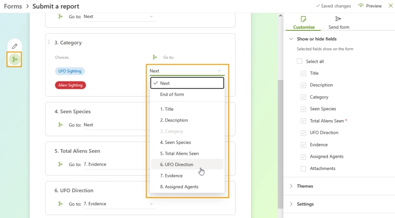 Microsoft Lists forms branching editor