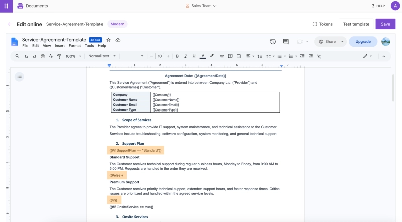 Conditional Support Plan section
