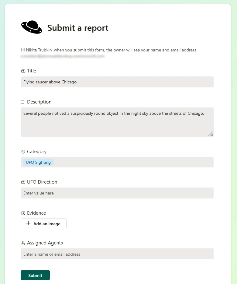 Microsoft Lists published form with category selected