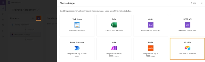 Plumsail Documents process start settings for Airtable integration