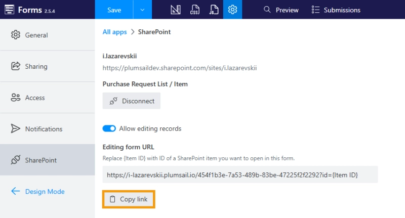 Copy form link