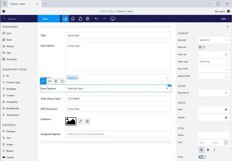 Plumsail Forms for SharePoint designer with the ticket form