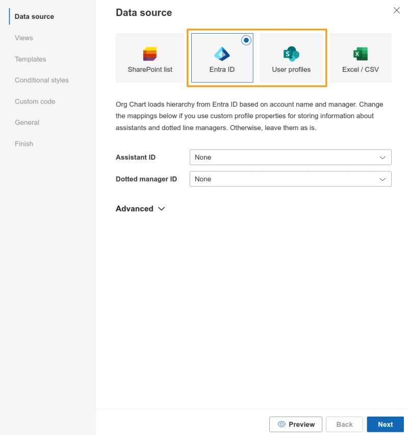 Choosing Entra ID as a data source in the Org Chart configuration wizard