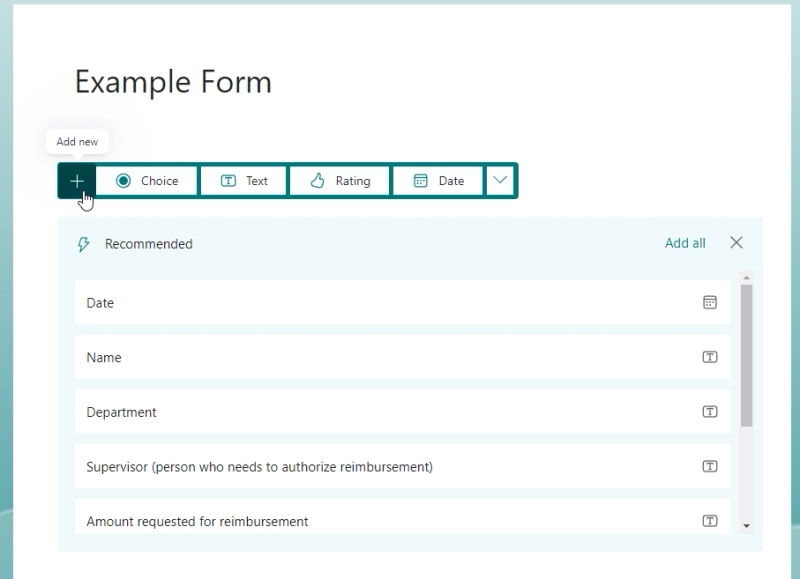 Microsoft Form field types