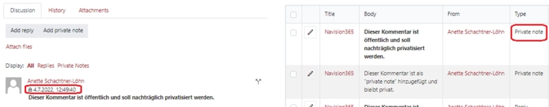Comment type is now changed to 'Private', which is reflected both in the ticket form and the 'Comments' tab
