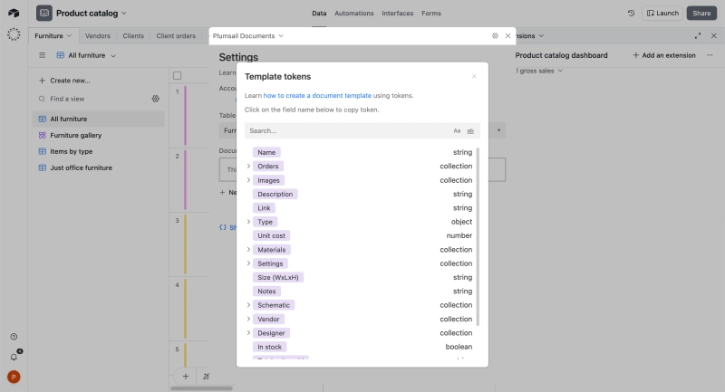 Airtable record tokens available for use in a document template