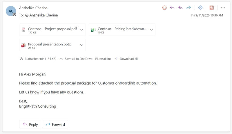 Outlook email with generated PDF proposal, Excel pricing breakdown, and PowerPoint presentation attached