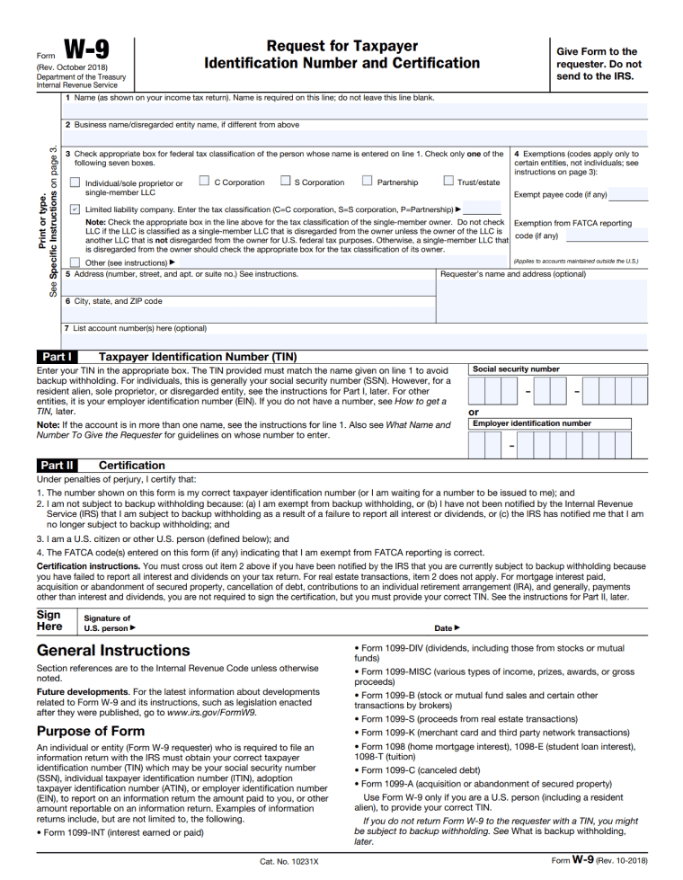 W-9 Tax Form free template template