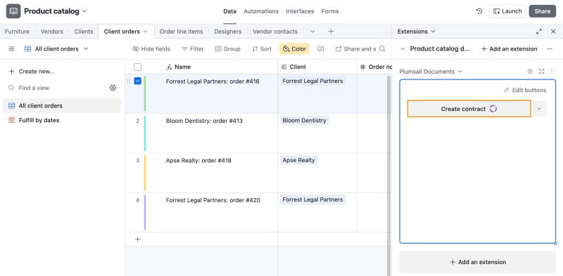 Plumsail Documents extension for Airtable generating PDF contracts from Airtable records