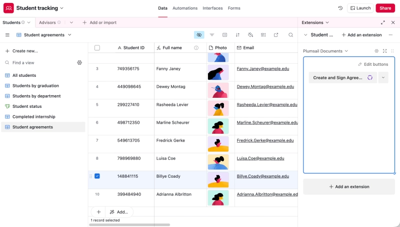 Airtable button used to generate and send documents for signing