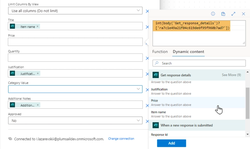 Add price to the SharePoint item for the approval request