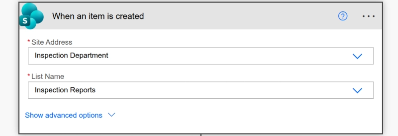 Power Automate flow configured with the SharePoint 'When an item is created' trigger