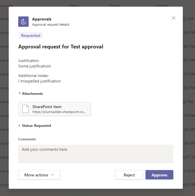 Approval request in Microsoft Teams