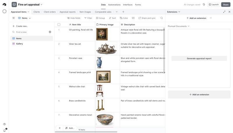 Airtable base with Documents extension for generating reports with images from Airtable data