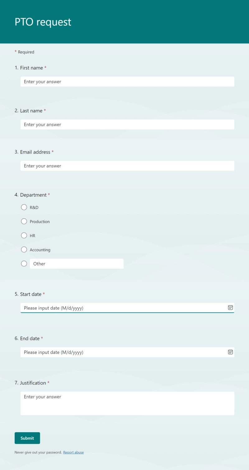 The Microsoft Form we will prepopulate