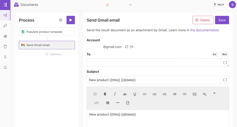 Gmail delivery to deliver created excel document from a template