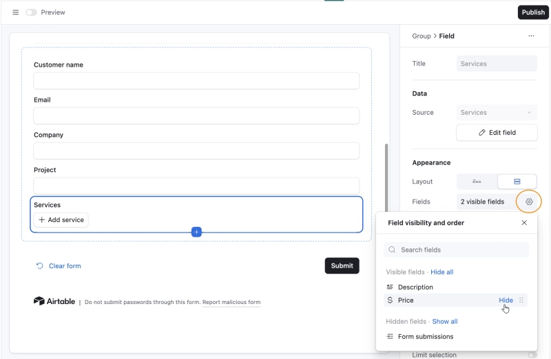 Edit service field