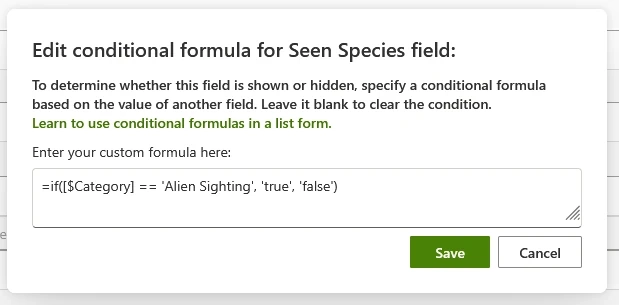 Formula to conditionally hide "Seen Species" column