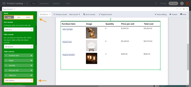 Table in Page Designer