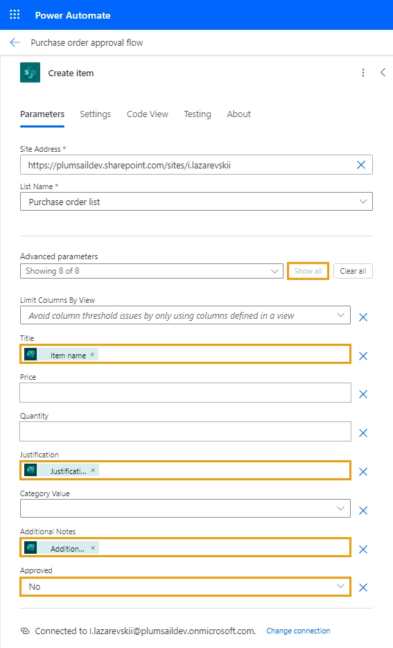 Create a SharePoint item for the approval request