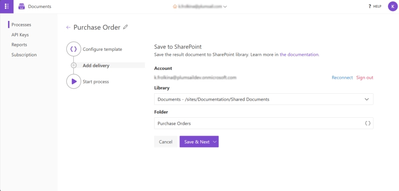 Configuring SharePoint delivery to export output documents