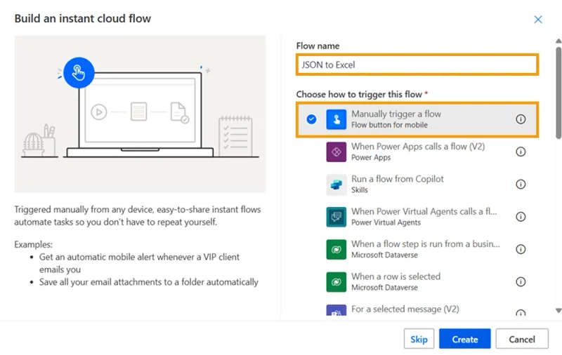 Manually triggered flow in Power Automate named "JSON to Excel"