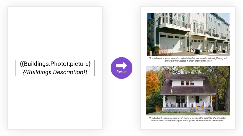 The output document displays photos of buildings and their descriptions