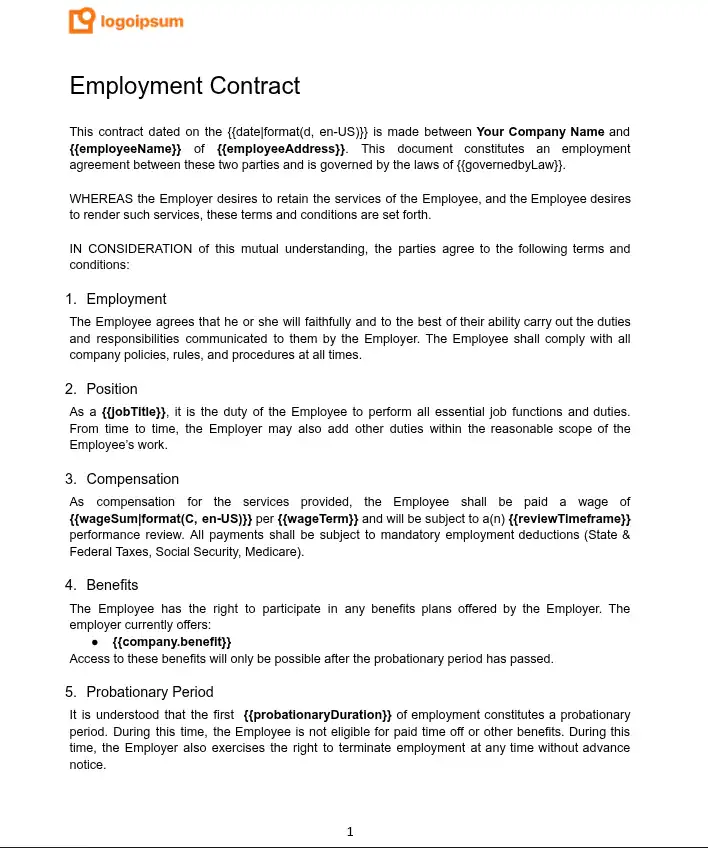 Free Word template for employment contract