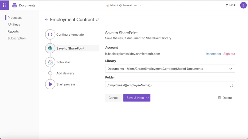 Configure saving contract to SharePoint