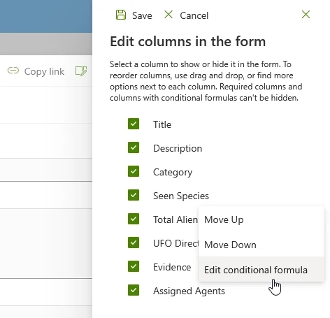 Edit columns menu