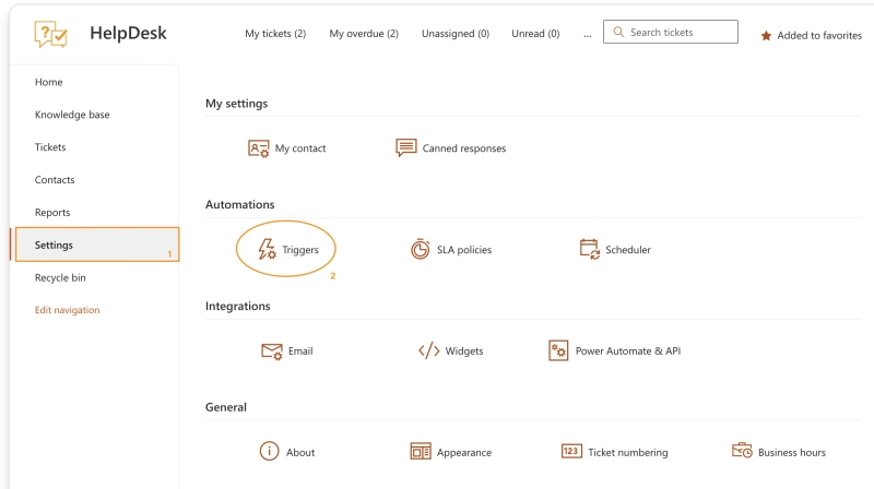 Triggers in HelpDesk settings