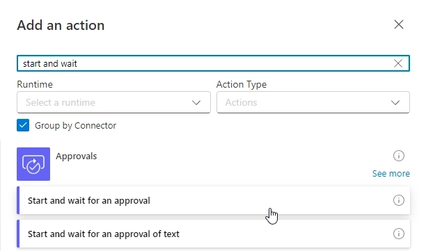 Find and add Start and wait for an approval