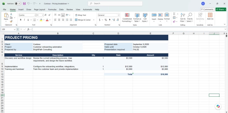 Generated pricing breakdown spreadsheet