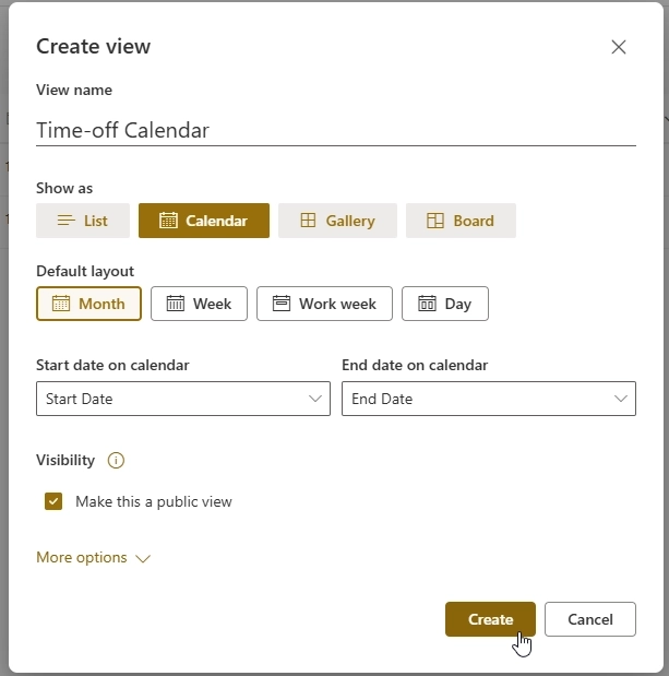 Add Time-off calendar view to SharePoint List