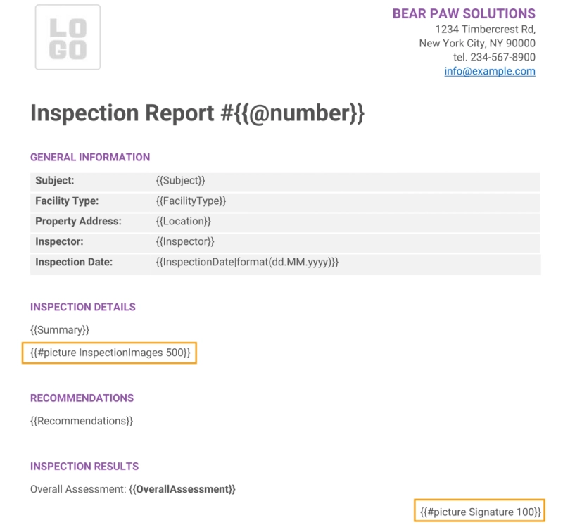 Inspection report template with #picture operation for InspectionImages and Signature tokens