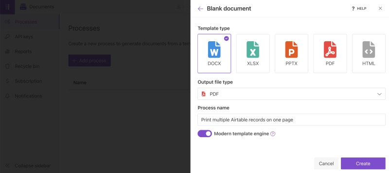 Plumsail Documents dialog for creating a new process from a blank template