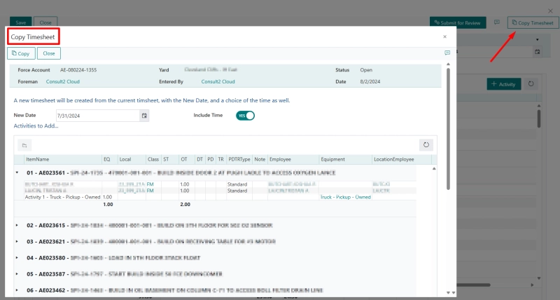 Copy timesheet