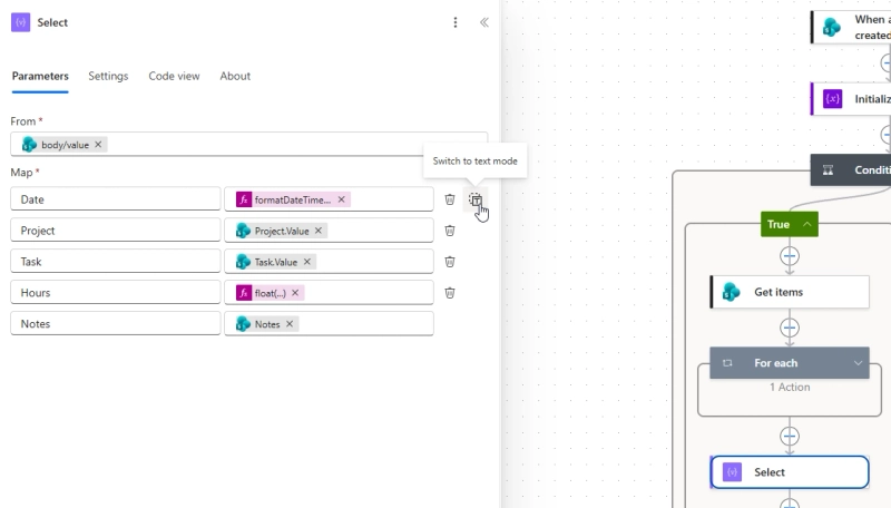 Select action mapping the line items