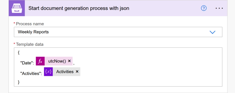 Power Automate Start document generation process with JSON action passing the activities array to a Word template