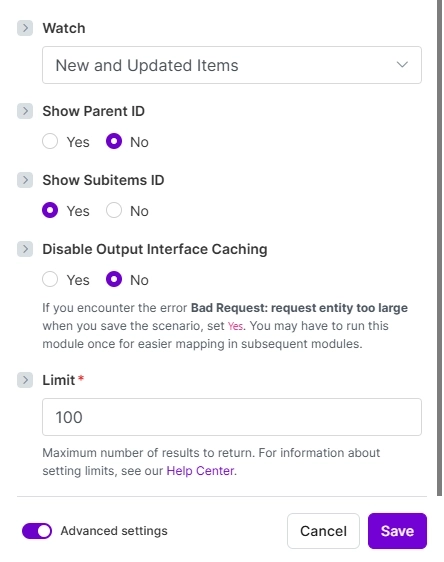 monday.com - module properties