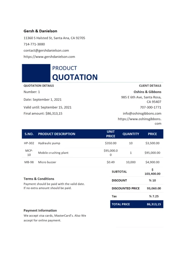 Example of a sales quote document showing company details, itemized products with prices, and terms