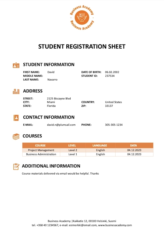 Student Registration Sheet Filled