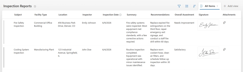 SharePoint inspection list showing the signature image and attachments columns