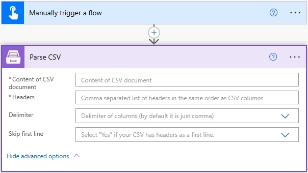 how to parse csv file action