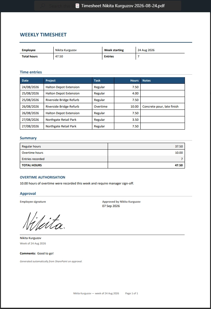 Generated timesheet PDF