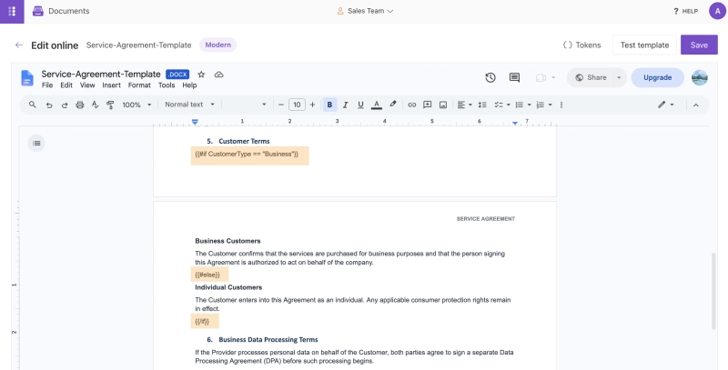 Conditional Customer Terms section